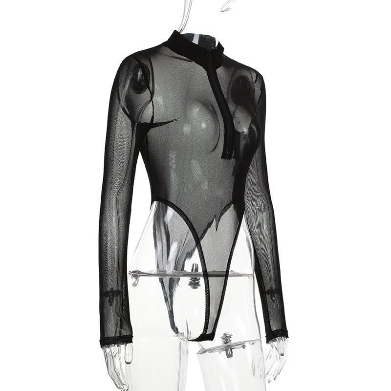 Sheer mesh high neck zip up front bodysuit