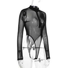Sheer mesh high neck zip up front bodysuit