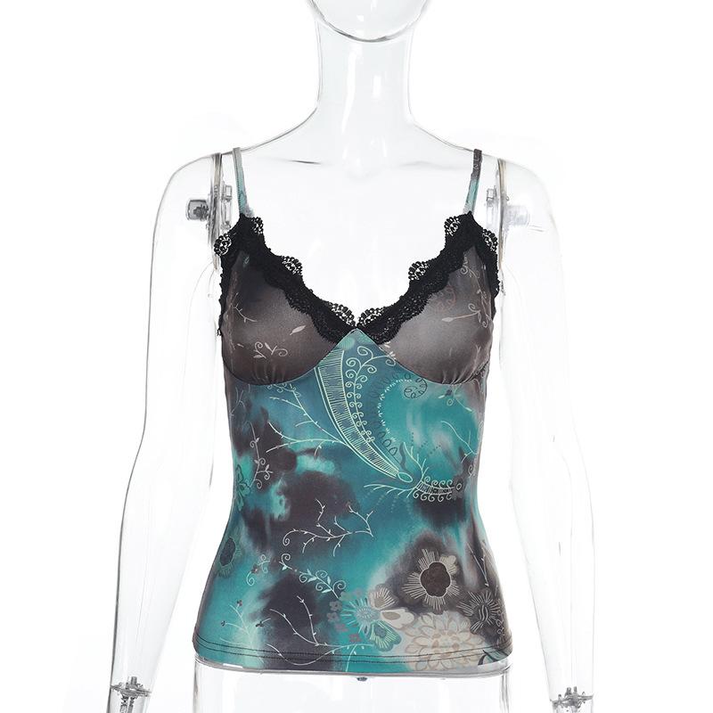 V neck lace hem contrast cami top