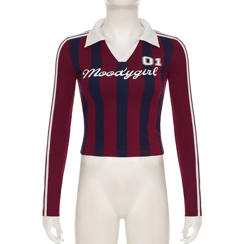 Turnover collar long sleeve striped letter print top