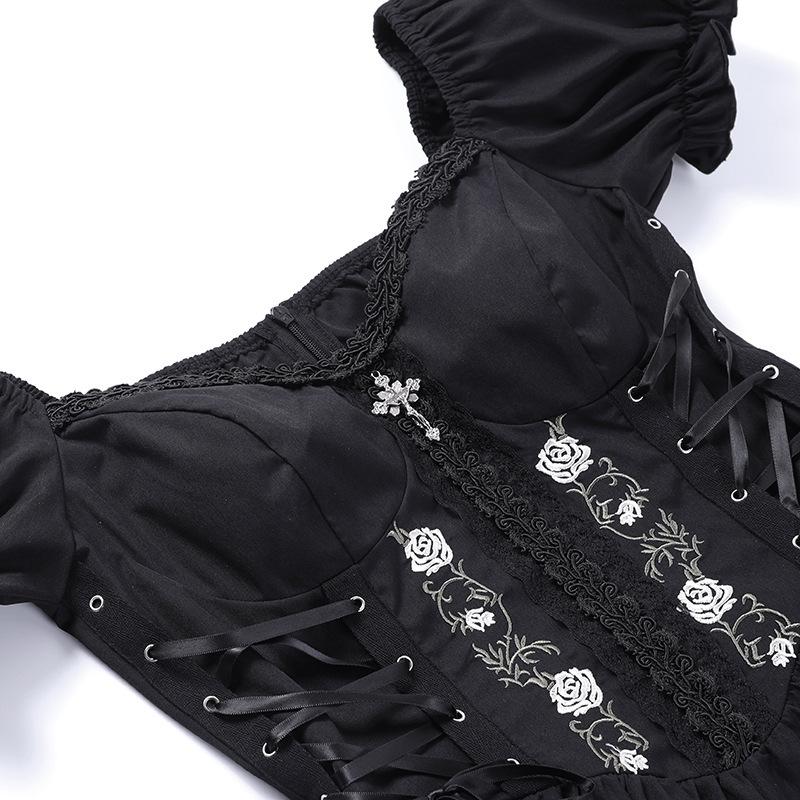 Puff sleeve short sleeve embroidery mini dress