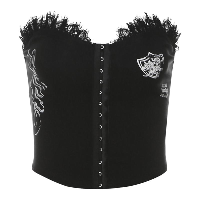 Lace hem button print tube backless solid top