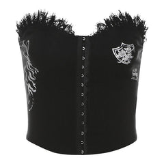 Lace hem button print tube backless solid top