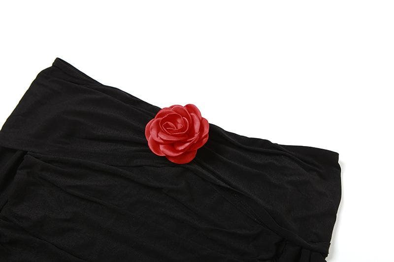 See through flower applique off shoulder ruched long sleeve top