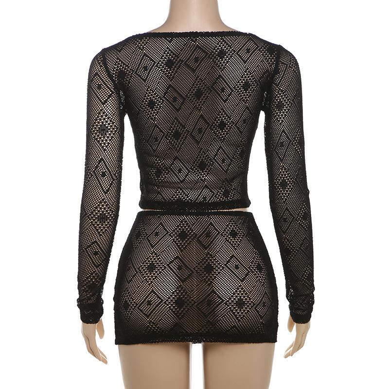 See through hollow out slit long sleeve mini skirt set