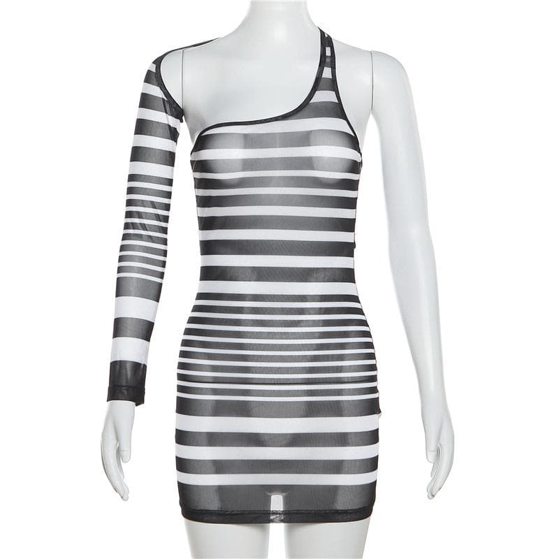 Irregular sheer mesh see through one shoulder striped mini dress  | samba dress