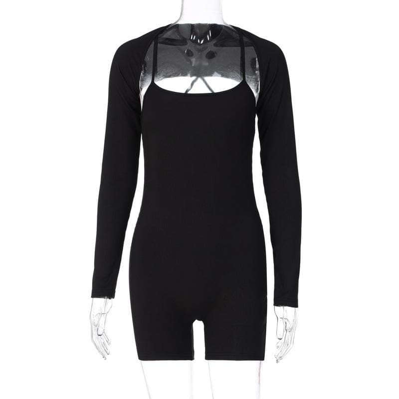 Solid ribbed cross back long sleeve shrug romper
