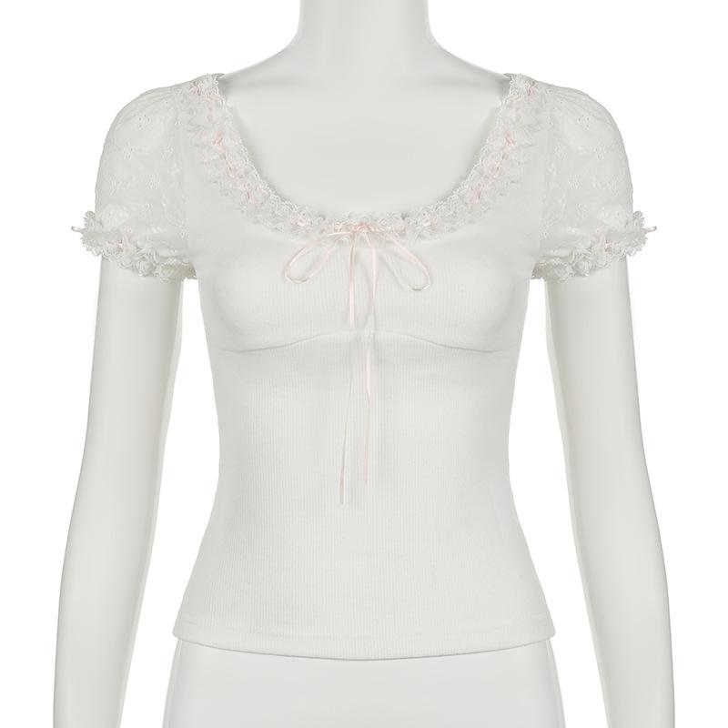 Short puff sleeve bowknot ruffle ribbed top