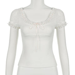 Short puff sleeve bowknot ruffle ribbed top