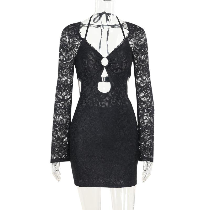 Halter long sleeve lace hollow out o ring mini dress