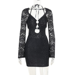 Halter long sleeve lace hollow out o ring mini dress