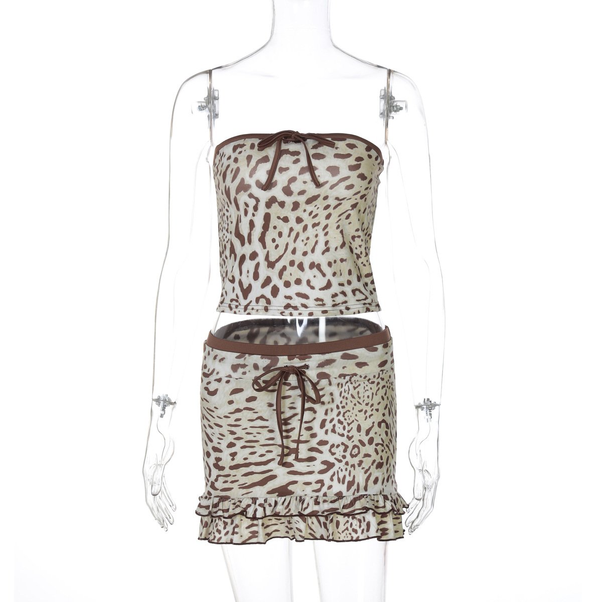 Leopard print bowknot ruffle tube mini skirt set