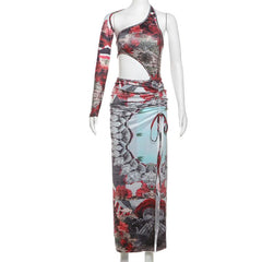 Irregular print contrast drawstring ruched high slit hollow out maxi dress  | red tango dress