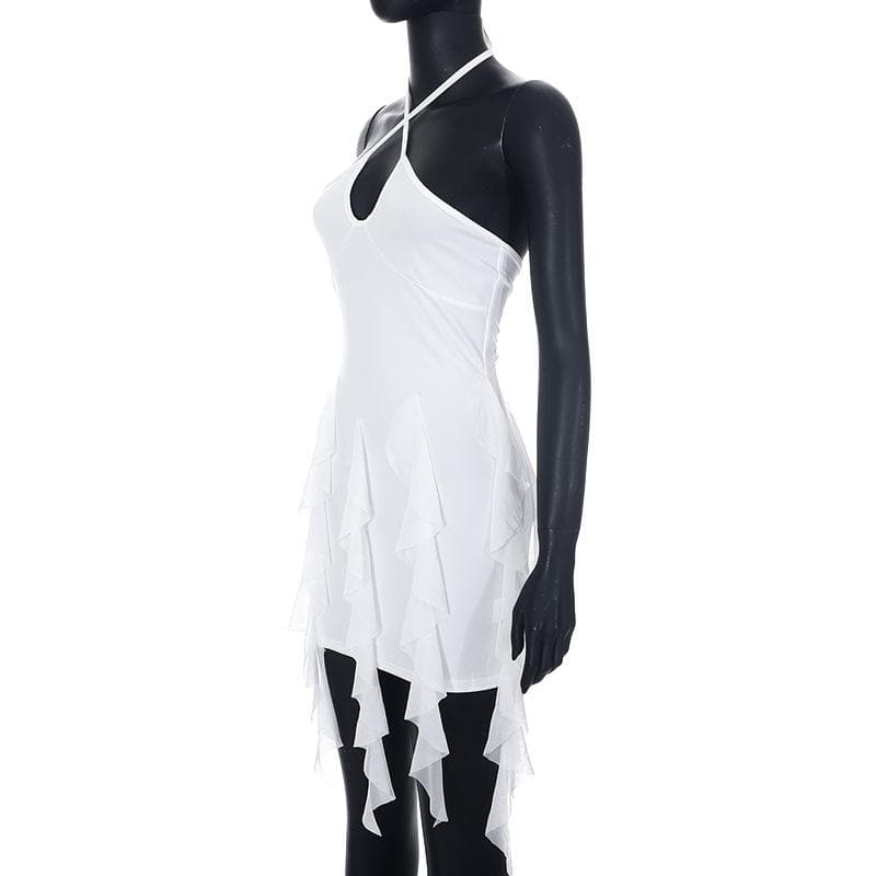 Ruffle halter solid cross front backless self tie mini dress  | black rave dress  | black rave dress