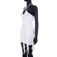 Ruffle halter solid cross front backless self tie mini dress  | black rave dress  | black rave dress