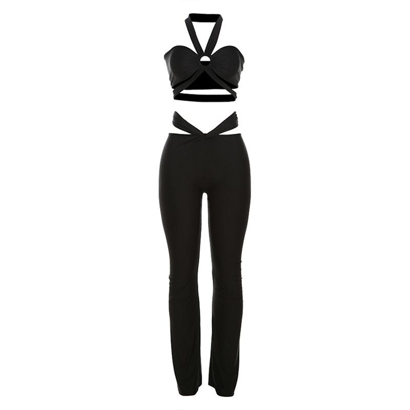 Halter hollow out ruched low rise crop pant set