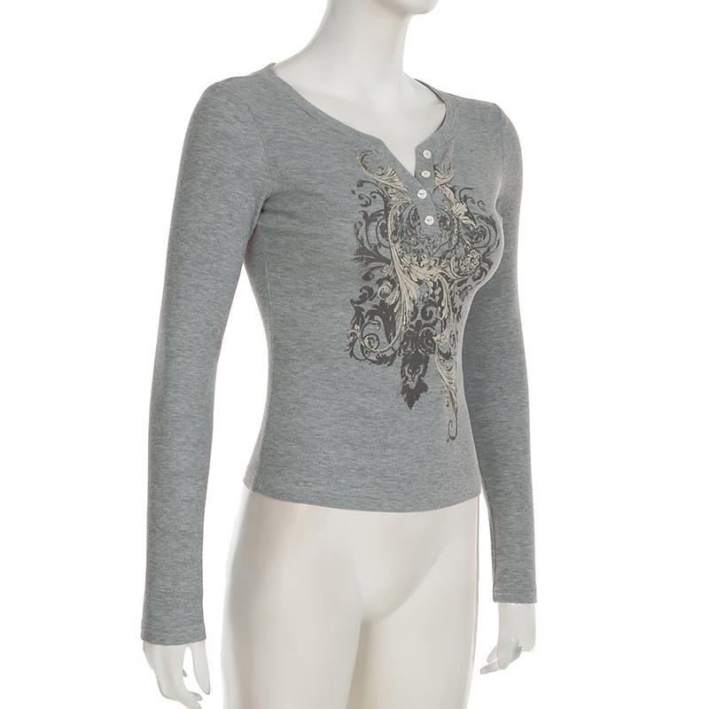 Long sleeve abstract ribbed button top