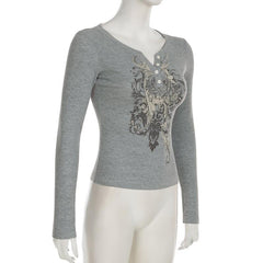Long sleeve abstract ribbed button top