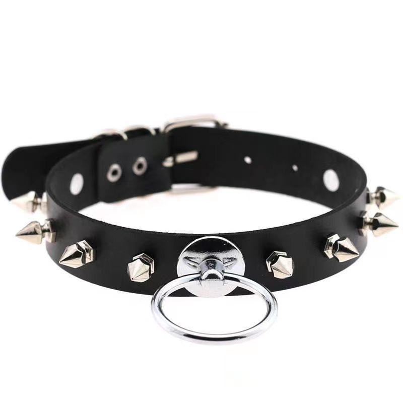 PU leather rivet o ring metal chain necklace