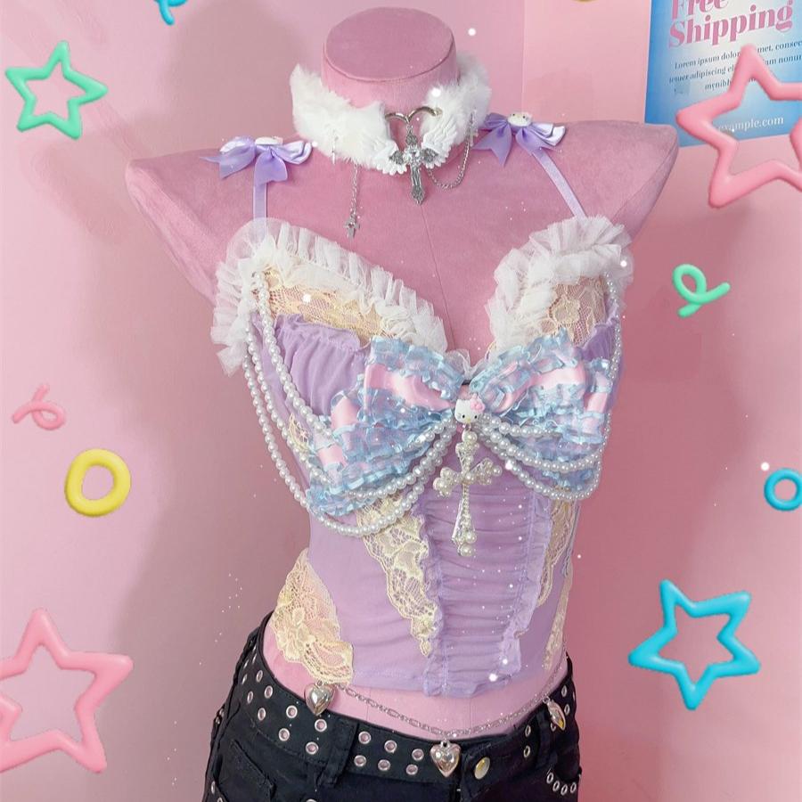Bowknot beaded "Hello Kitty" pattern mesh cami top