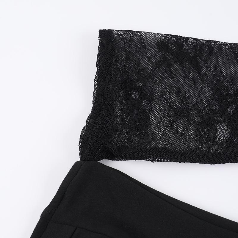 One shoulder long sleeve patchwork lace top