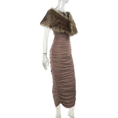 Ruched fluffy shrug slit cami maxi dress