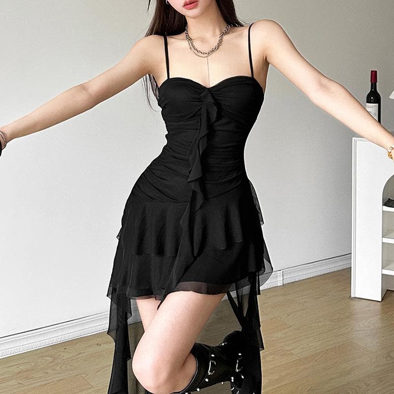 Ruched mesh ruffle sweetheart neck cami maxi dress