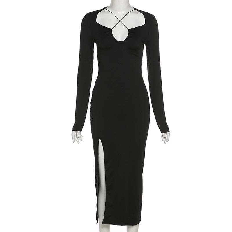 Cross front long sleeve slit notch neck solid midi dress  | black rave dress  | black rave dress