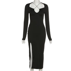 Cross front long sleeve slit notch neck solid midi dress  | black rave dress  | black rave dress