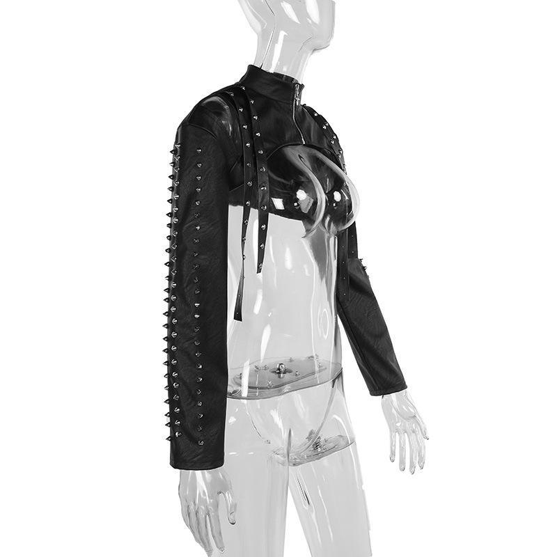 High neck PU leather zip-up hollow out shrug top