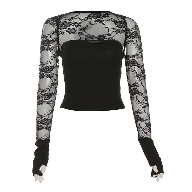 Lace long sleeve gloves metal tag shrug 2 piece top