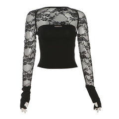 Lace long sleeve gloves metal tag shrug 2 piece top