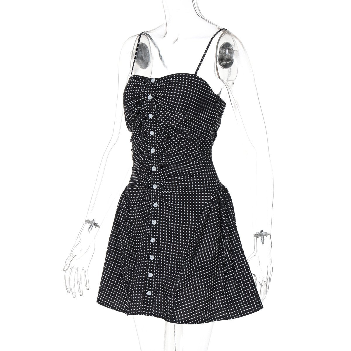 Polka dot button ruched cami mini dress