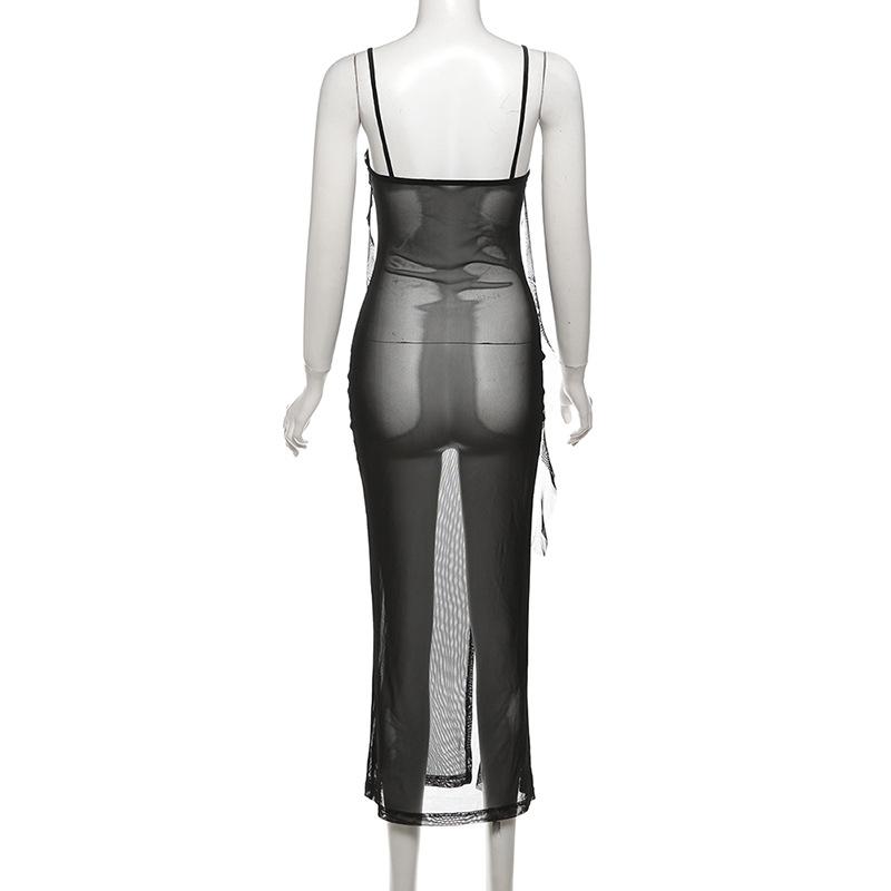 Sweetheart neck ruffle high slit sheer mesh cami midi dress  | samba dress