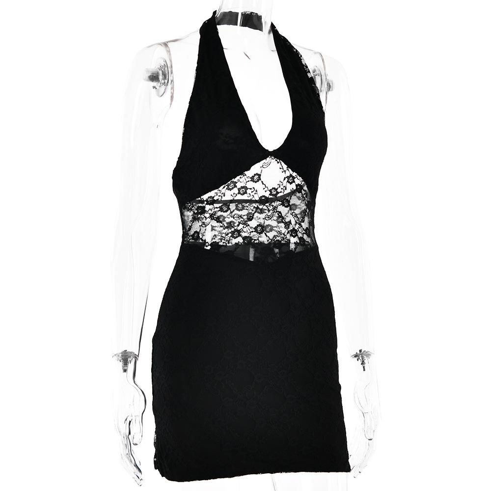 Halter lace patchwork v neck backless mini dress