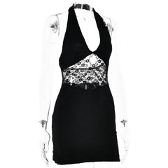 Halter lace patchwork v neck backless mini dress