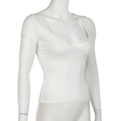 Short sleeve v neck lace hem solid top