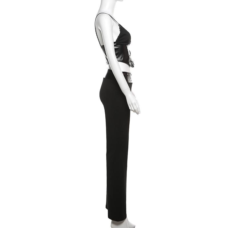 V neck PU leather lace up cami pant set