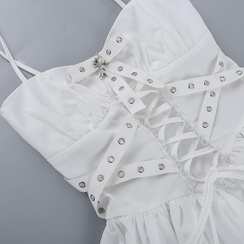 Smocked bowknot lace up cami mini dress