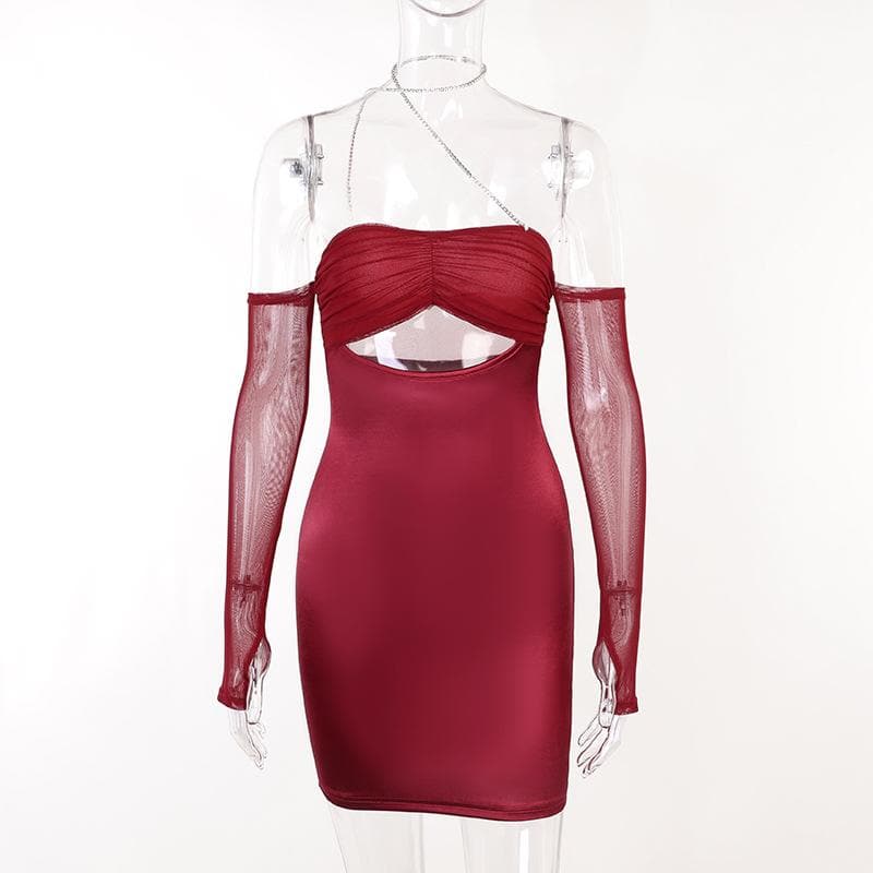 Mesh gloves solid halter ruched hollow out off shoulder mini dress  | red tango dress