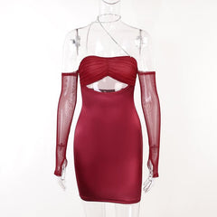 Mesh gloves solid halter ruched hollow out off shoulder mini dress  | red tango dress