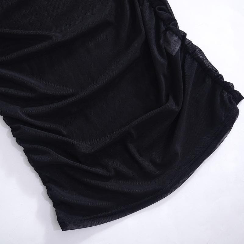 Sheer mesh see through one shoulder ruched irregular midi dress  | samba dress