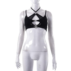 Mesh halter o ring solid hollow out backless patchwork crop cut out top