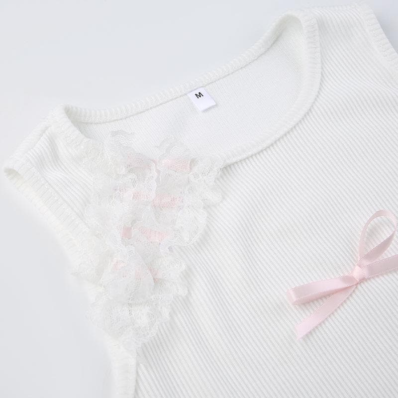 Lace up contrast lace hem sleeveless bowknot crop top