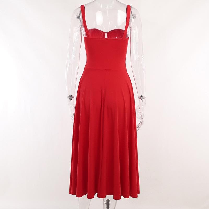 Ruched solid sweetheart neck slit sleeveless midi dress  | red tango dress