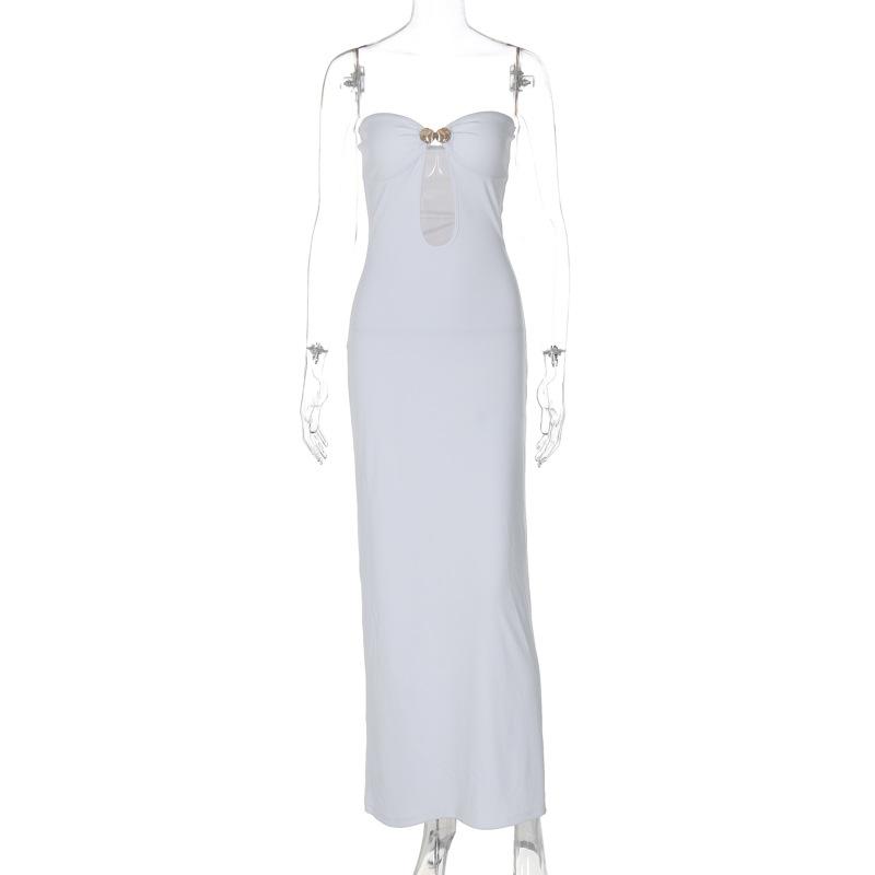 Sweetheart neck shell metal tag button hollow out tube maxi dress