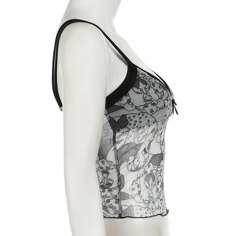 Bowknot mesh patchwork ruffle print cami top