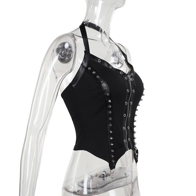 Halter zip-up rivet o ring v neck top