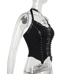 Halter zip-up rivet o ring v neck top