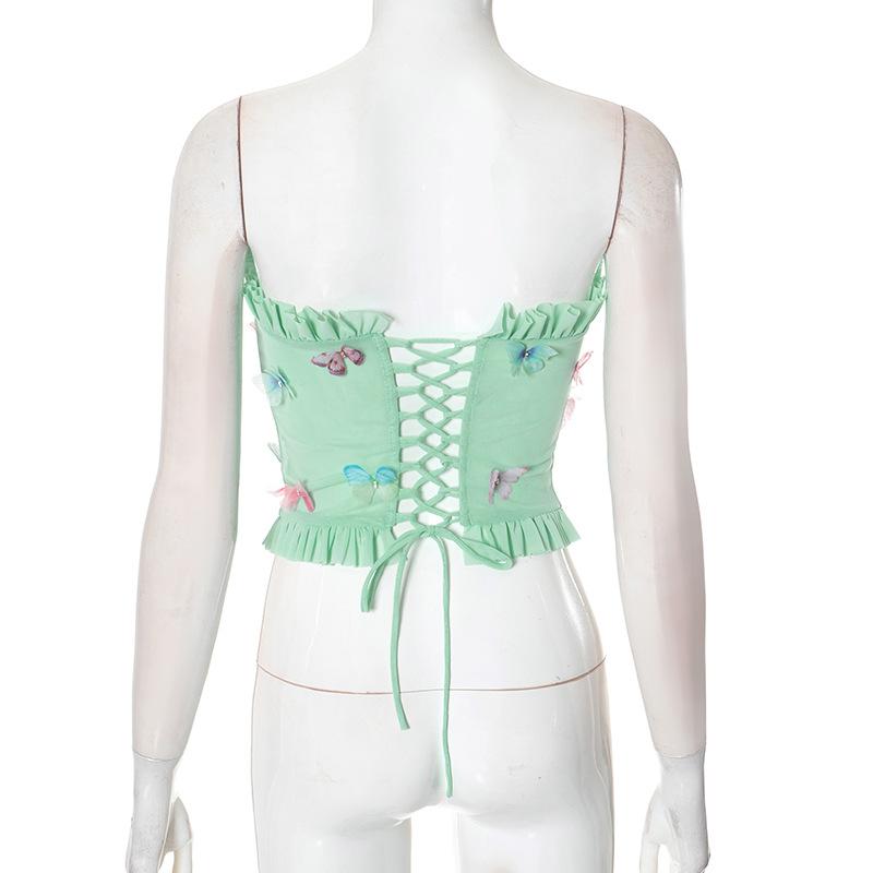 Sweetheart neck butterfly applique mesh lace up tube top